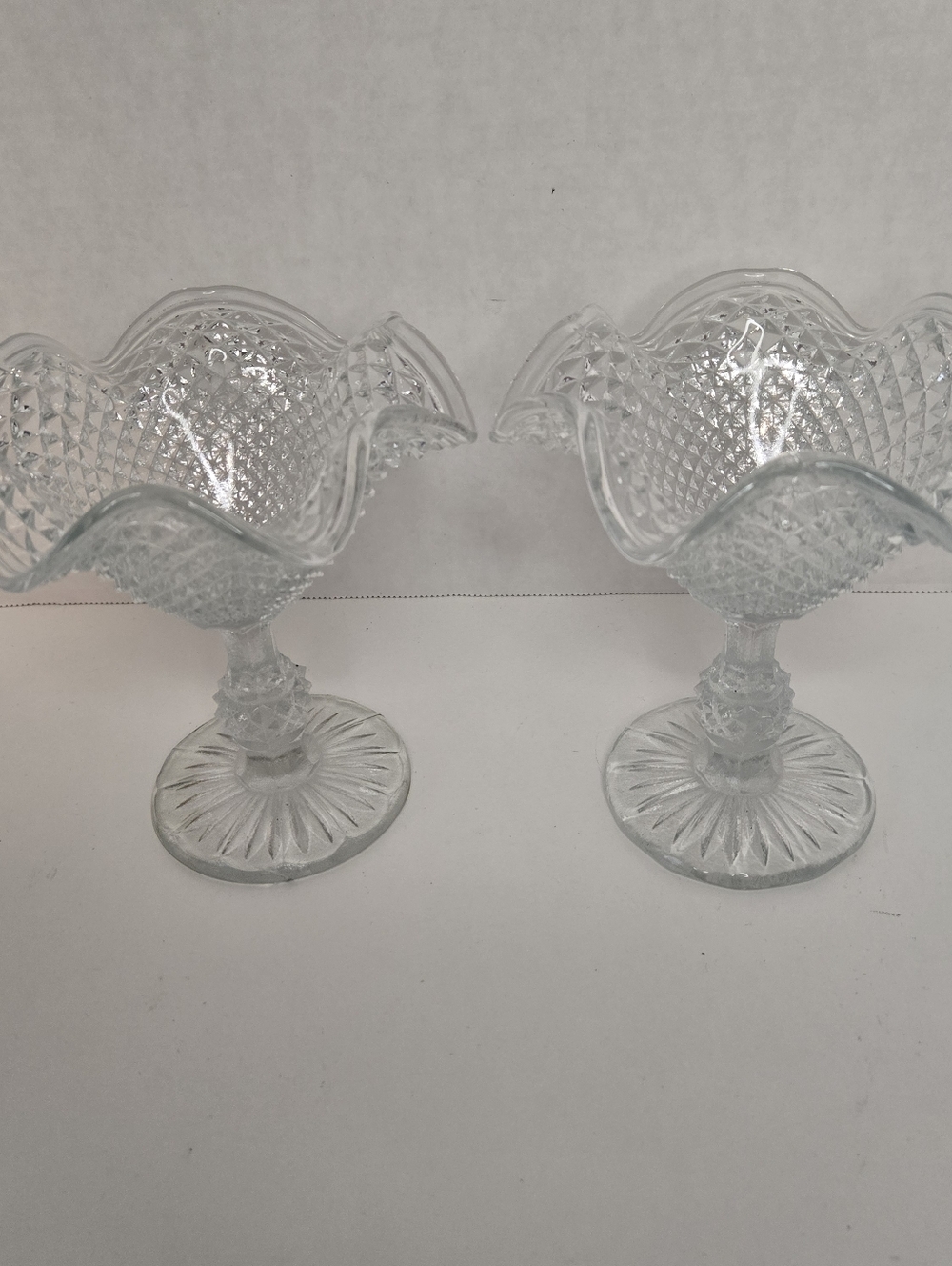 Vintage Ivima Diamond Point Glass Ruffled Rim Footed Compote Dessert Dishes Pair